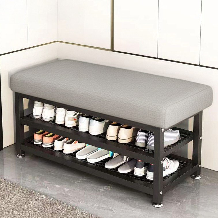 오아루 철제 현관 벤치 신발장 수납장, 그레이+블랙프레임할인 상세 이미지 1