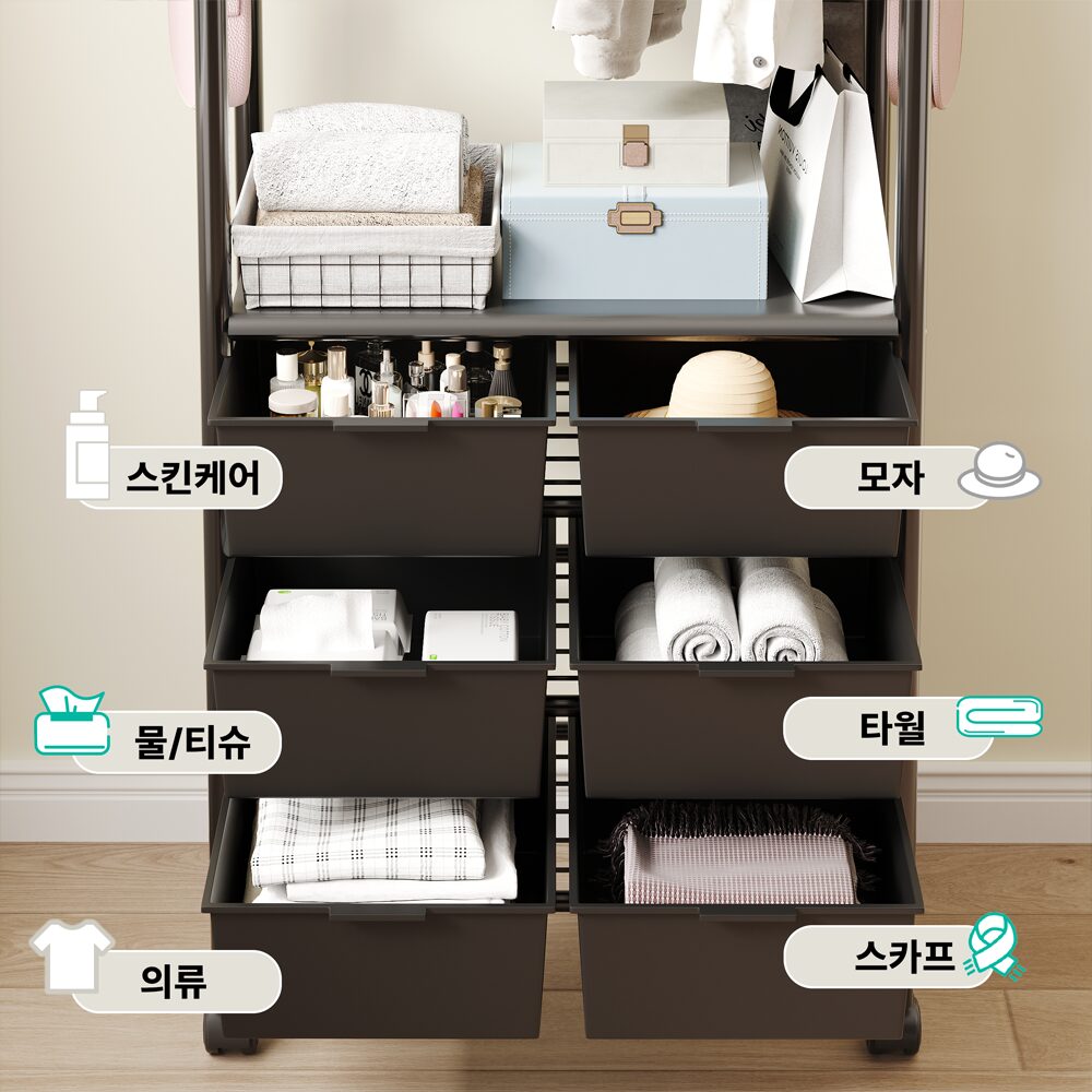 Unihome 올인원 서랍형 이동식 행거 대용량 드레스룸 시스템 옷걸이 행거, 블랙할인 상세 이미지 2