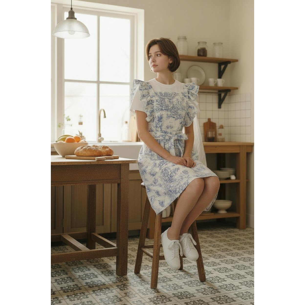 프렌치 뜨왈 프릴 에이프런 포켓 공방 플로리스트 고급 앞치마, 1개, 스카이 상세 이미지 1