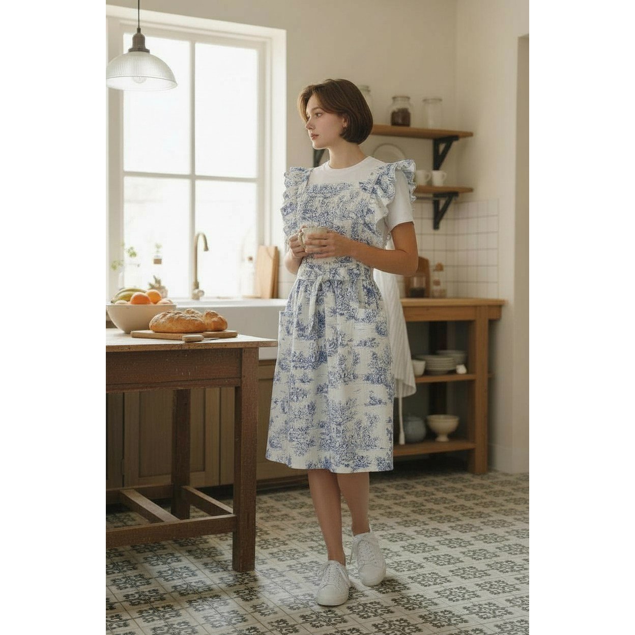 프렌치 뜨왈 프릴 에이프런 포켓 공방 플로리스트 고급 앞치마, 1개, 스카이 상세 이미지 2